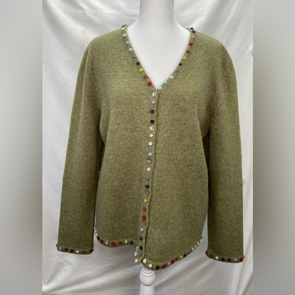 Vintage Carroll Reed Large Green Button Front Wool Cardigan w/ Yarn Pom Details. - Picture 2 of 6